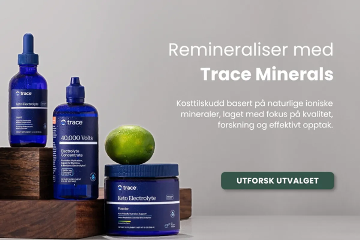 Trace Minerals kosttilskudd med elektrolytter og ioniske mineraler for hydrering, restitusjon og daglig mineralbalanse.