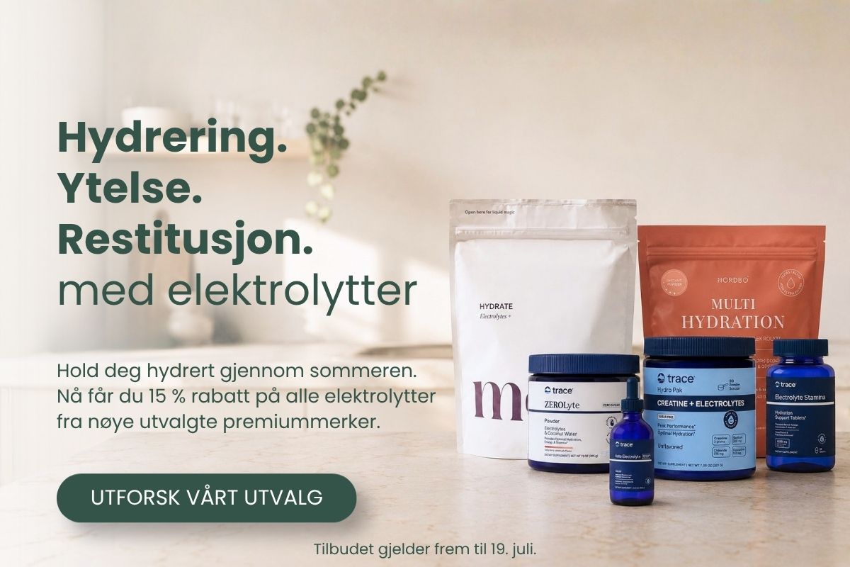 Banner med et utvalg premium elektrolytter fra Mela, Trace Minerals og Nordbo på en lys marmorbenk. Tekst: «Hydrering. Ytelse. Restitusjon. med elektrolytter». Nå 15 % rabatt på alle elektrolytter.